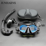 JUNHAIINS Tempered Glass Freediving Mask Snorkeling Set Foldable snorkel J-type Diving Mask with Camera Mount