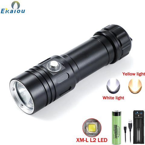 Ekaiou Diving Light 2000 Lumens Super Bright Scuba Dive Flashlight IP68 Waterproof For 100m Underwater Diving Catching Fish Lamp