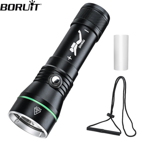 BORUiT 2000LM LED Scuba Diving Flashlight Super Bright P50 IPX8 Waterproof Torch Underwater 100M Spearfishing Lantern