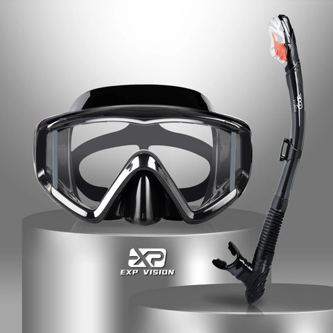 Dry Snorkel Set, Pano 3 Window Snorkel Mask, Anti-Fog Scuba Diving Goggle and Snorkel, Adult Snorkeling Swim Mask with  PC  Lens